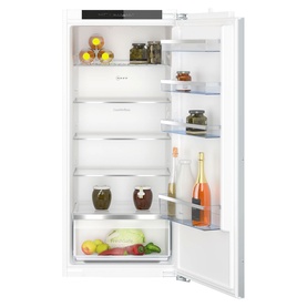 Neff N50 Integrated Larder Fridge in white, open door showing fresh produce, bottles, and multiple adjustable shelves including Bottle Flex Shelf
