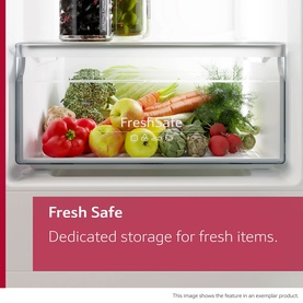 Neff N50 Integrated Larder Fridge Fresh Safe drawer filled with fresh vegetables, herbs, and tomatoes.
