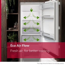 Neff N50 Integrated Larder Fridge Eco Air Flow diagram showing green airflow arrows circulating through white fridge interior for even cooling.