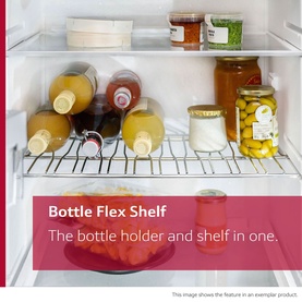 Neff N50 Integrated Larder Fridge Bottle Flex Shelf interior view, holding multiple bottles and jars on adjustable wire shelf.
