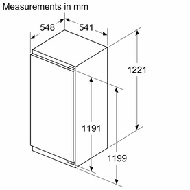 Neff N50 Integrated Larder Fridge technical diagram showing measurements: 548mm and 541mm width, 1221mm and 1191mm height, 1199mm depth.