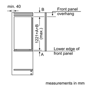 Neff N50 Integrated Larder Fridge installation diagram showing minimum 40mm recess depth, front panel overhang, and max height of 1221+A+B mm.