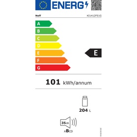 Neff N50 Integrated Larder Fridge EU energy label, rated E, 101 kWh/annum, 204L capacity, 35dB noise rating.