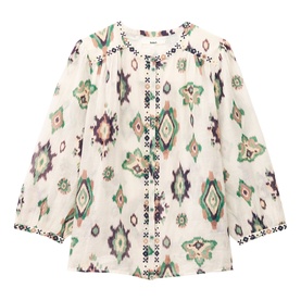Bash cream long-sleeve blouse with multicolour ikat print, button placket, and contrast trim detail