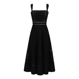 House of CB black midi dress with square neckline, wide straps, floral broderie skirt and contrast stitch detail