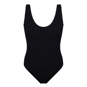Bond Eye black recycled swimsuit with scoop neckline, thick shoulder straps, and textured edge detail, flat lay view.