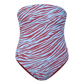 Bond Eye swimsuit in blue zebra and ruby, strapless bandeau style with all-over zebra stripe print, 75% nylon
