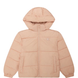 Calvin Klein children's Spanish Villa pink quilted hooded puffer coat with zip fastening and elasticated hem and cuffs