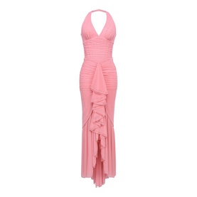 House of CB raspberry halterneck maxi dress with ruched bodice, ruffle skirt detail, and plunging V-neckline
