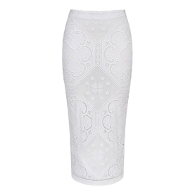 House of CB white midi skirt with embossed scroll pattern and figure-hugging silhouette, elasticated waistband