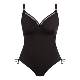 Fantasie black swimsuit with wrap front, gold trim detailing at neckline and straps, and side tie adjustments