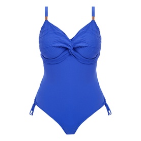 Fantasie ultramarine swimsuit with twist-front bust detail, adjustable side ruching, and gold-tone strap hardware