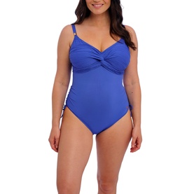 Model wearing Fantasie ultramarine swimsuit with twist front detail, ruched sides and double shoulder straps