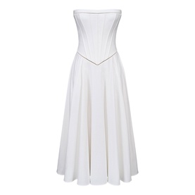 House of CB white strapless corset midi dress with structured boned bodice and full A-line skirt