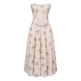 House of CB Ivory Sweet Peony strapless midi dress with floral print, fitted corset bodice and full pleated skirt