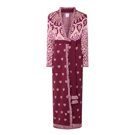 Hayley Menzies Dalton Bandana Print Duster Cardigan in burgundy, bandana knit pattern, shawl collar, self-tie belt, fringe trim, maxi length