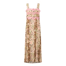 Hayley Menzies Talitha Silk Leopard Dress in multi, maxi length, square neckline, wide straps, lace trim, leopard and rose print