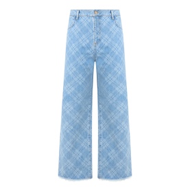 Hayley Menzies blue wide-leg jeans with tonal check print, high waist, and raw hem in 100% cotton denim