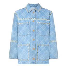 Hayley Menzies blue denim jacket with studded trim, argyle quilted pattern, chest pockets, and gold-tone button fastening