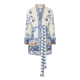 Hayley Menzies Nandita Jacquard Wrap Cardigan in blue, cream open-front knit with elephant motifs, fringe-trim shawl collar and knitted belt