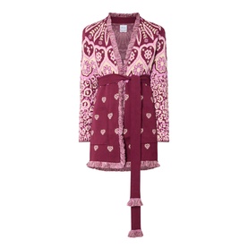 Burgundy and pink paisley and heart-print knit cardigan with belt tie, fringe trim detail, V-neckline