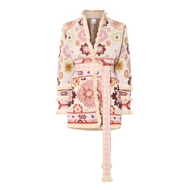 Hayley Menzies ecru cotton knit cardigan with floral jacquard pattern, fringe trim, and tie belt
