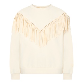 Hayley Menzies Sabina Fringe Sweatshirt in ecru with chevron detail, faux-suede fringing, gold-tone eyelets, round neckline and ribbed cuffs