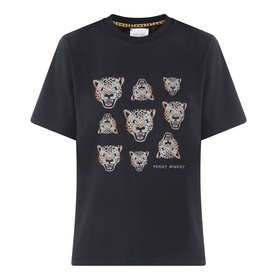 Hayley Menzies black cotton T-shirt with embellished leopard head print motifs and gold chain-detail collar trim.
