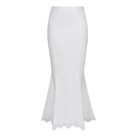 House of CB white maxi skirt with fitted silhouette, flared hem and scalloped lace trim detail