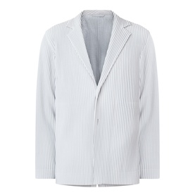 Issey Miyake Pleated Single-Breasted Blazer in grey with vertical pleats, notched collar, and single-breasted front