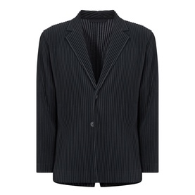 Issey Miyake black pleated blazer with notched lapels and two-button fastening, 100% polyester with structured ribbed texture