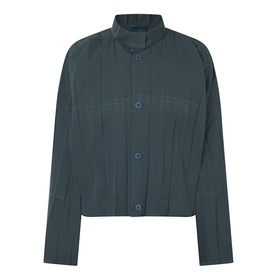 Issey Miyake dark green casual shirt with mandarin collar, button front, and pleated detailing, long sleeves, cropped fit