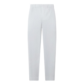 Issey Miyake Pleated Wide Leg Trousers in grey, featuring all-over vertical pleats, elasticated waist and tapered ankle cut