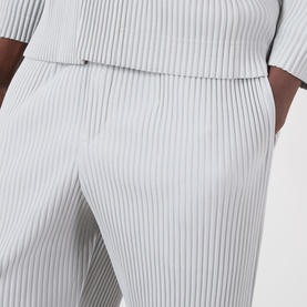 Model wearing Issey Miyake Pleated Wide Leg Trousers in grey, showing elasticated waist and fine vertical pleating. Styled with matching top.