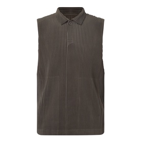 Issey Miyake Pleated Polo Shirt in brown, sleeveless with polo collar, button fastening, and all-over vertical pleating.