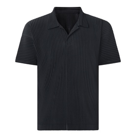 Issey Miyake Open Collar Pleated Polo Shirt in black, featuring textured pleat detailing, short sleeves and open collar
