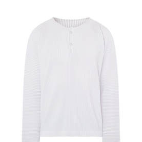 Issey Miyake grey long-sleeve T-shirt with pleated texture, button placket neckline, relaxed fit