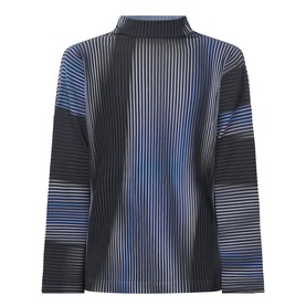 Issey Miyake Gradient Pleated T-Shirt in blue, high neck, long sleeves, abstract vertical stripe pleated design with two-way colour gradation