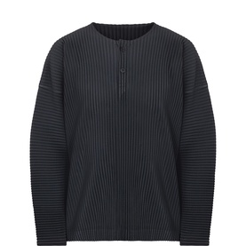 Issey Miyake black pleated long-sleeve T-shirt with collarless neckline and button placket, 100% polyester