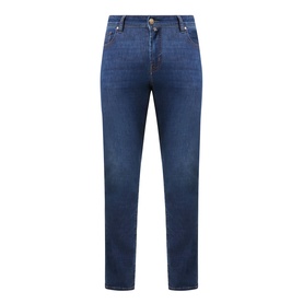 Jacob Cohen Bard Slim Leg Jeans in medium blue denim with tobacco stitching, five-pocket style, button and fly zip fastening, and leather logo patch.