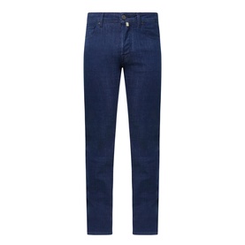 Navy blue slim-fit jeans with subtle sheen, button fly, and front pockets, displayed flat on white background