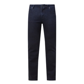 Jacob Cohen 3049 Slim Jeans in dark blue, five-pocket style with belt loops, flat lay view showing tapered leg