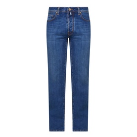 Jacob Cohen 3049 slim jeans in medium blue denim, five-pocket design with contrast stitching and branded hardware detail.