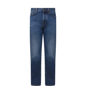 Jacob Cohen Edo Straight Leg Jeans in mid blue with faded whisker detailing, five-pocket design, and zip-button fly