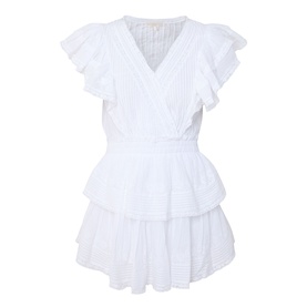 LOVESHACKFANCY Gwen Heritage Mini Dress in white cotton with V-neckline, flutter sleeves, wrap front, elasticated waist and tiered skirt