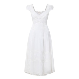 LOVESHACKFANCY Suvi Lace Trim Flared Dress in white, midi length, V-neckline, cap sleeves, empire waist, A-line silhouette with lace trim detail