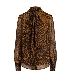 Lauren Tan Multi leopard-print blouse with pussy-bow neck tie and sheer long sleeves, flat lay