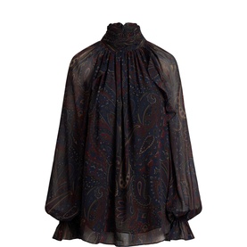 Lauren Navy Multi blouse with high ruched neckline, paisley print, bishop sleeves, and ruffled hem detail
