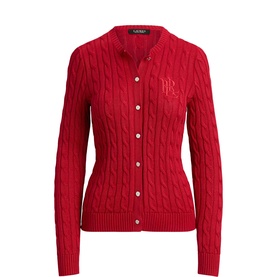 Lauren Ralph Red cable-knit cardigan with button front and embroidered LR logo, long sleeves