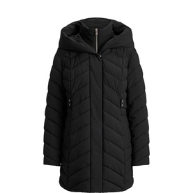 Lauren black quilted chevron-pattern hooded coat with zip fastening and side pockets